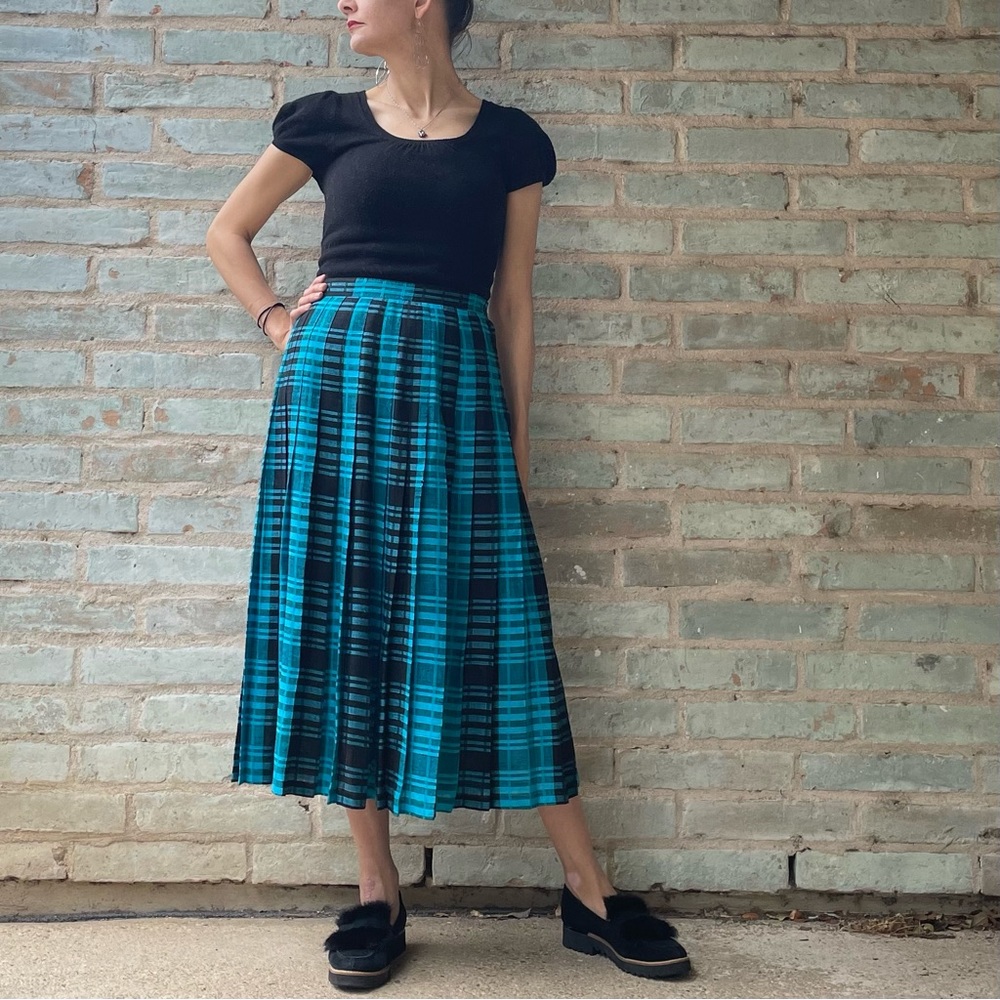 Vintage Plaid Skirt Rene Portier Pleated Blue Black Preppy Linen Blend Midi XS